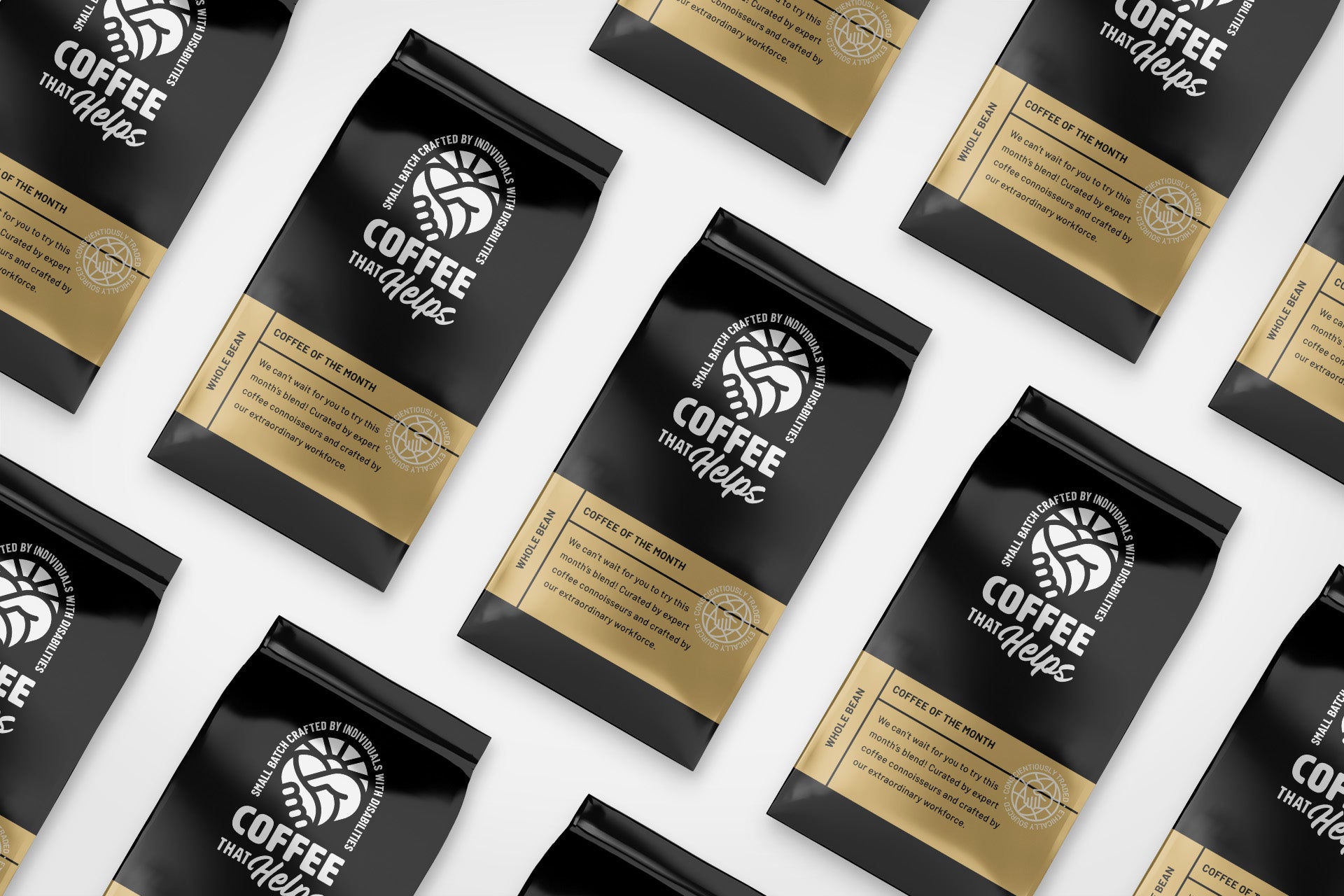 Repeating pattern of black coffee bags with gold labels that say: We can't wait for you to try this month's blend! Curated by expert coffee connoisseurs and crafted by our extraordinary workforce.