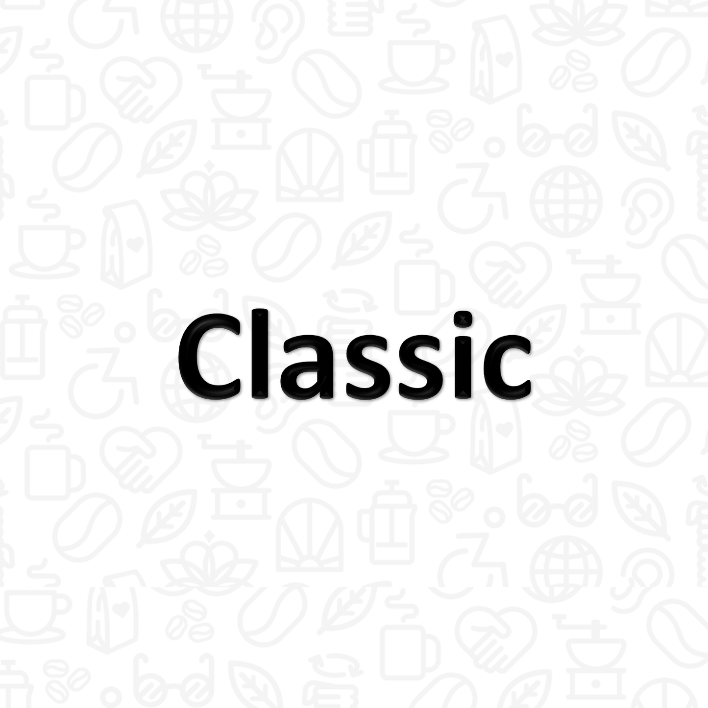 The word "Classic" on a background covered with coffee and disability icons in line art