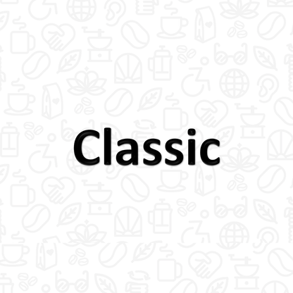 The word "Classic" on a background covered with coffee and disability icons in line art