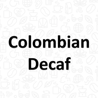 The words "Colombian Decaf" on a background covered with coffee and disability icons in line art