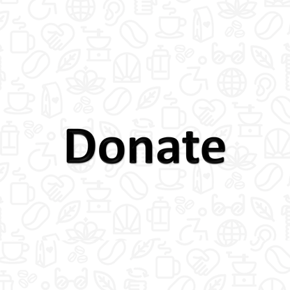 The word "Donate" on a background covered with coffee and disability icons in line art