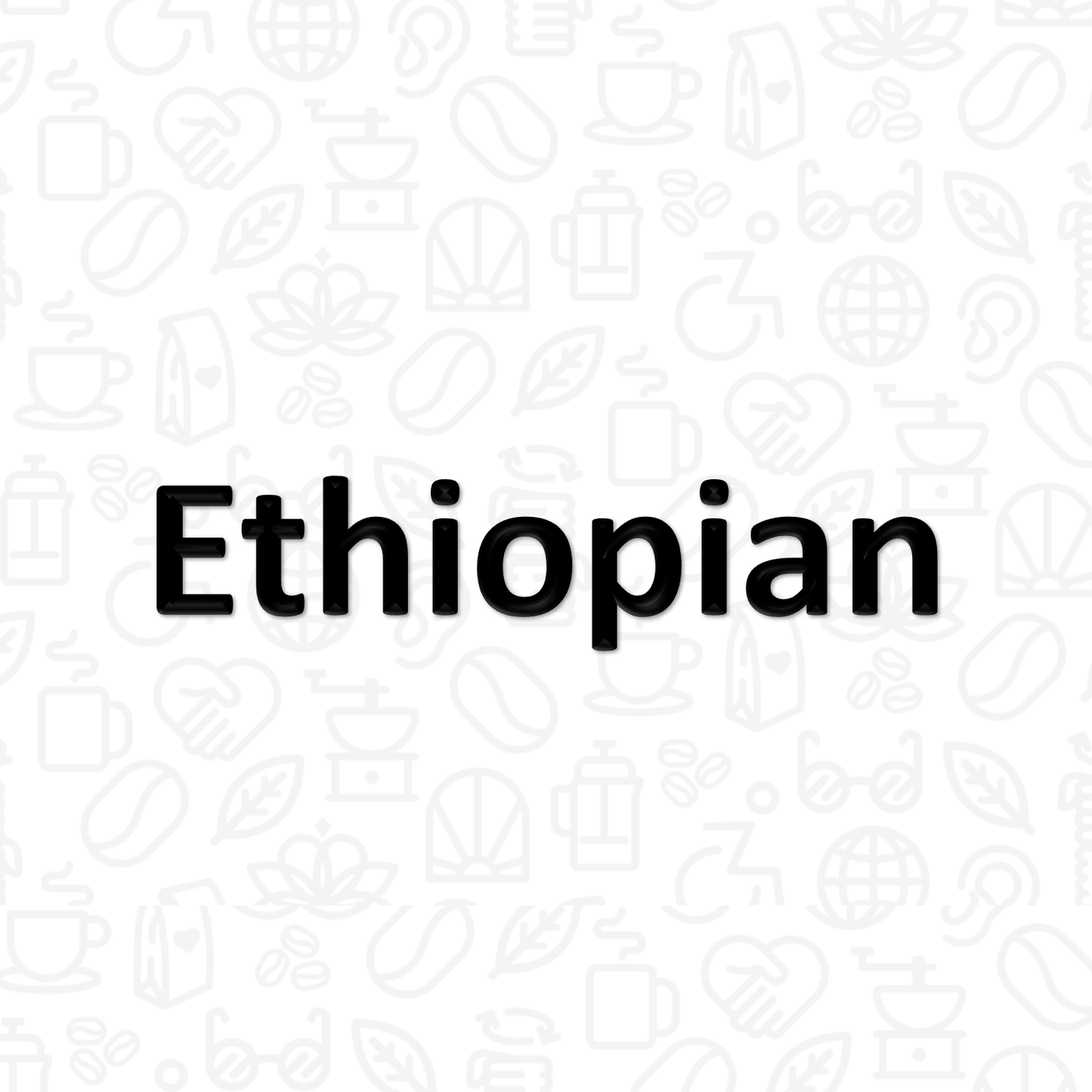 The word "Ethiopian" on a background covered with coffee and disability icons in line art