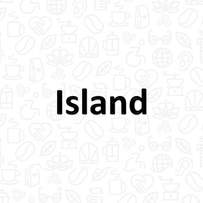 The word "Island" on a background covered with coffee and disability icons in line art