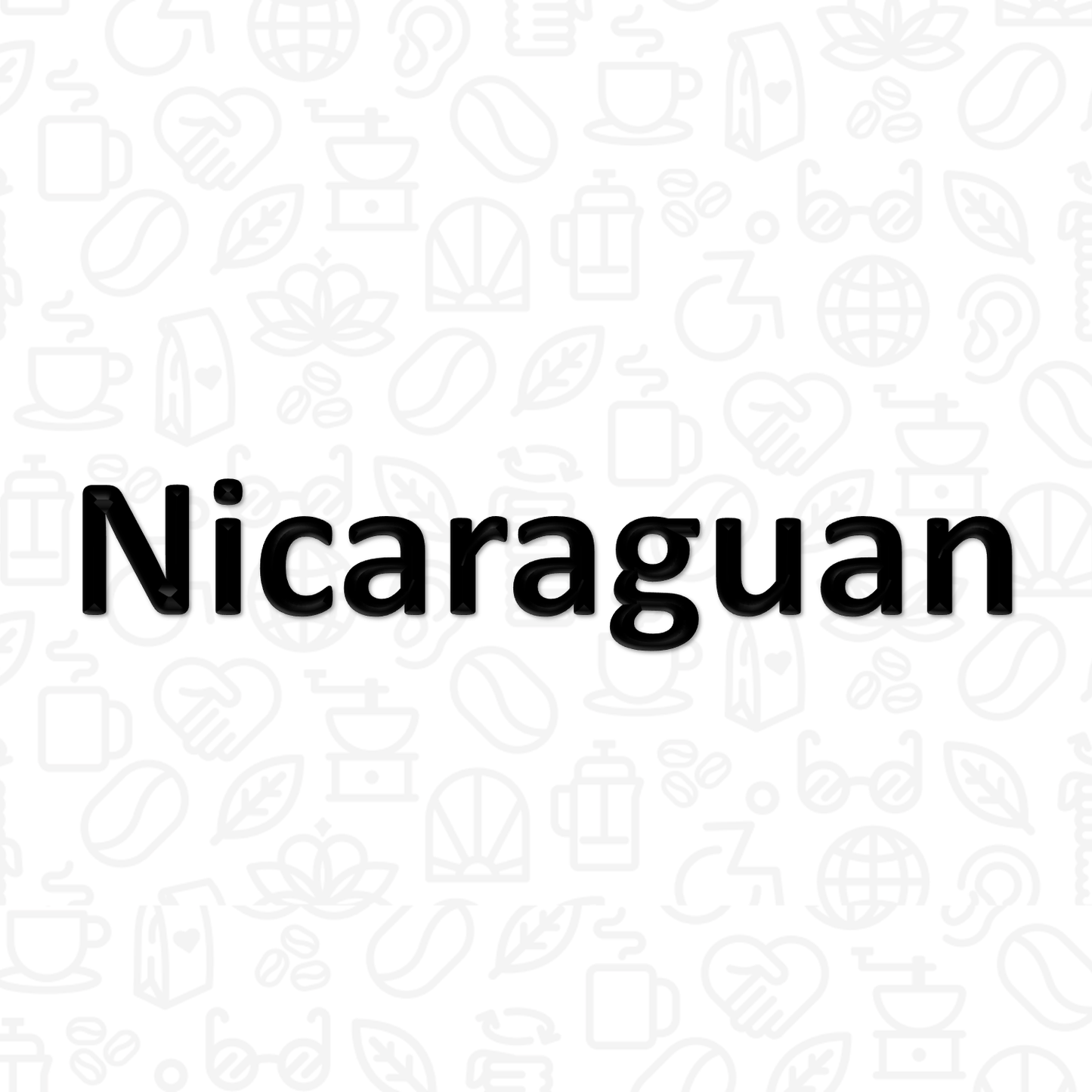 The word "Nicaraguan" on a background covered with coffee and disability icons in line art