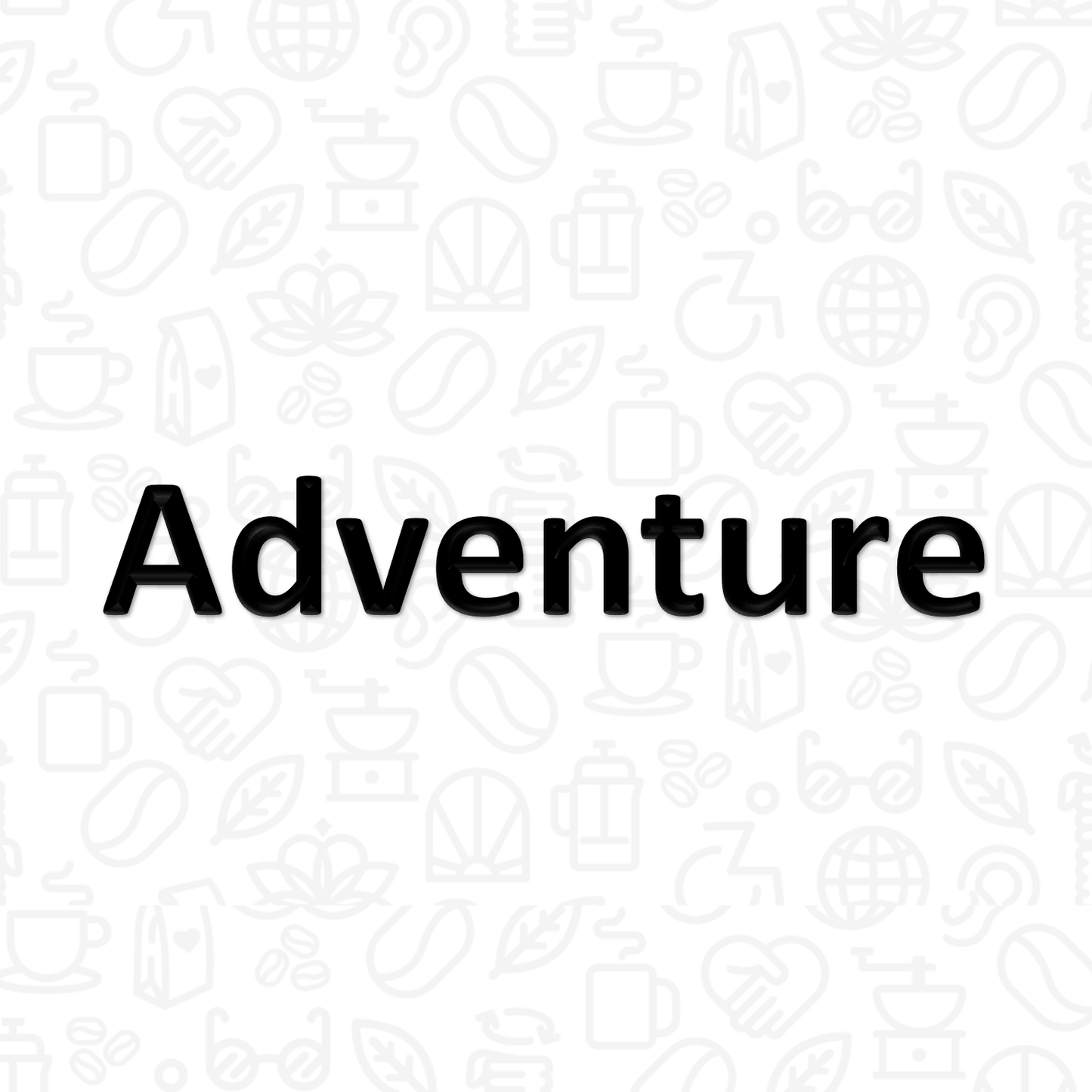 The word "Adventure" on a background covered with coffee and disability icons in line art