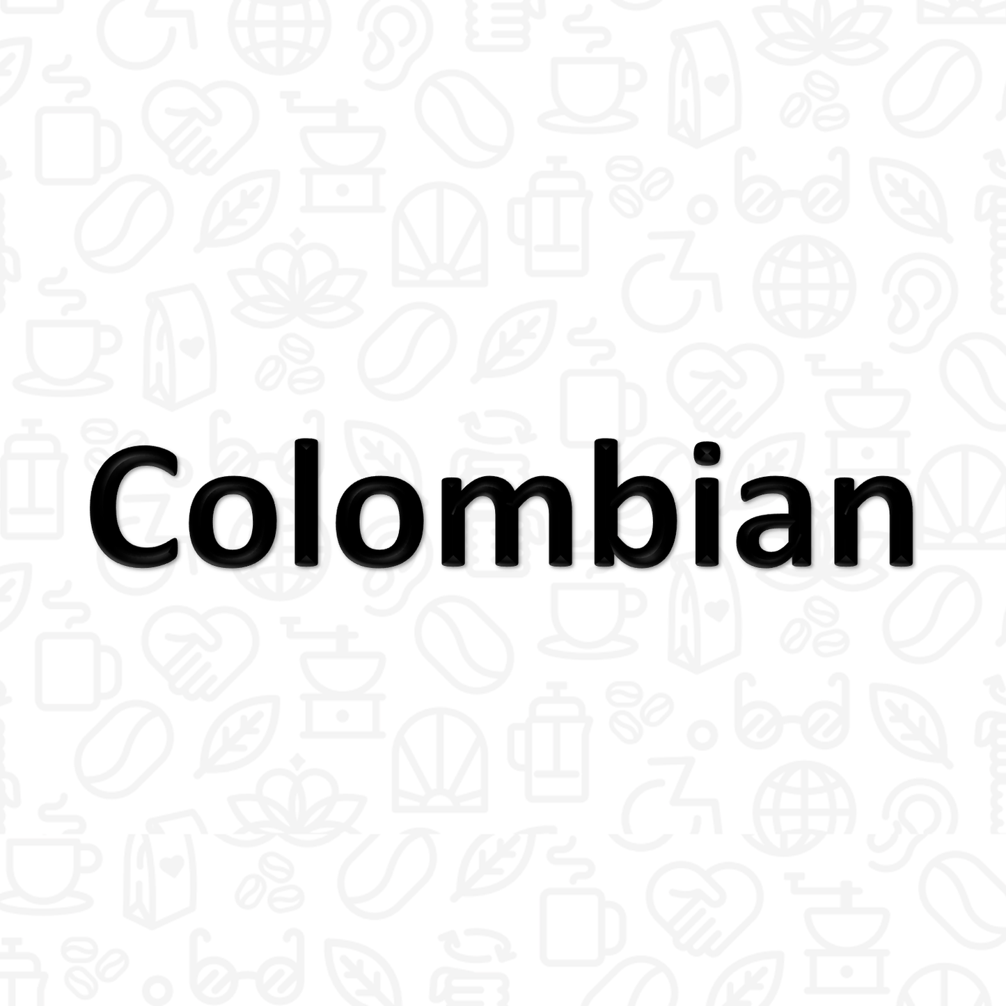 The word "Colombian" on a background covered with coffee and disability icons in line art