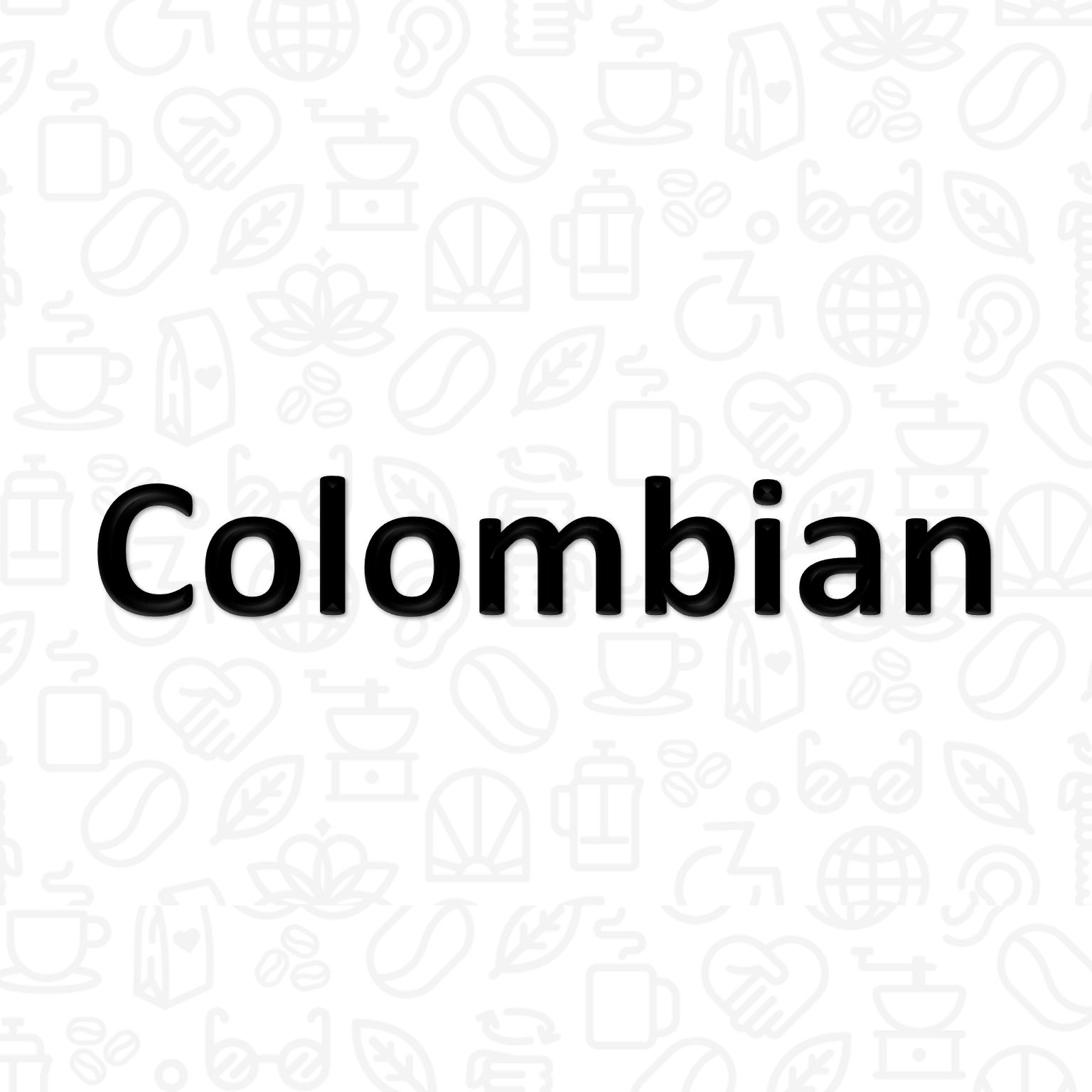 The word "Colombian" on a background covered with coffee and disability icons in line art